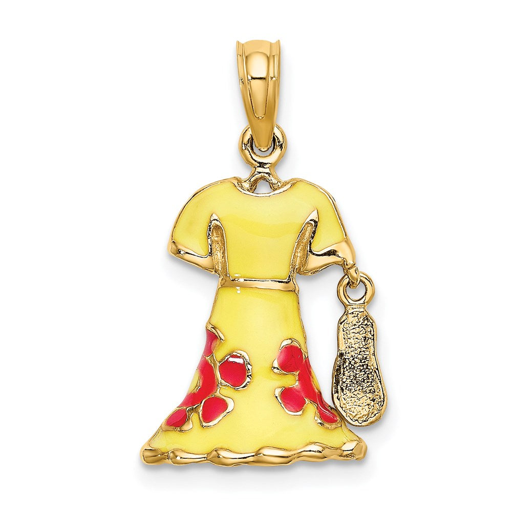 14K Gelbgold 3-D beweglicher Emaille-Kleid-Charm mit Flip-Flop, gelb