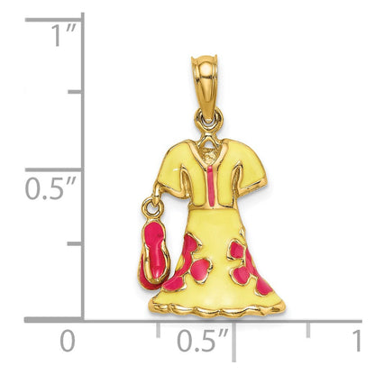 14K Gelbgold 3-D beweglicher Emaille-Kleid-Charm mit Flip-Flop, gelb