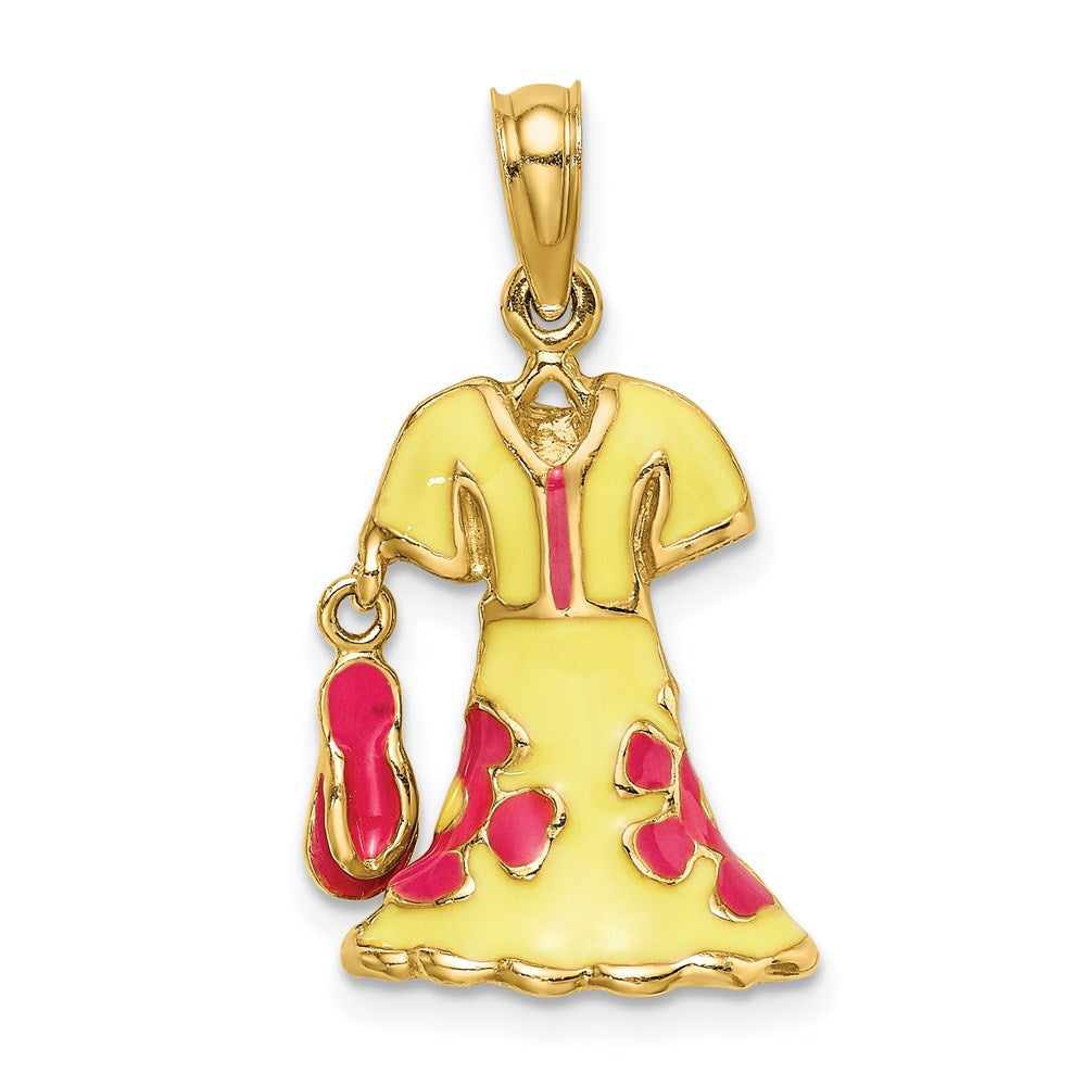 14K Gelbgold 3-D beweglicher Emaille-Kleid-Charm mit Flip-Flop, gelb