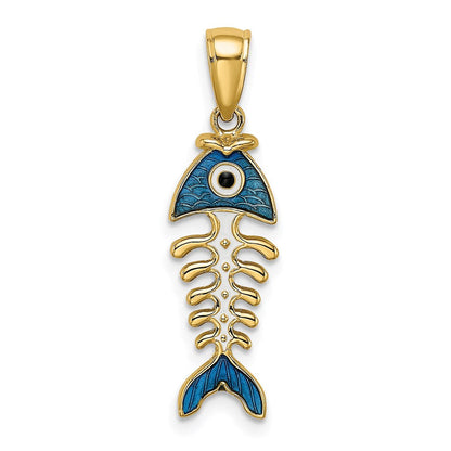 14K Gelbgold 3D-Anhänger Fischgräte mit blauer Emaille