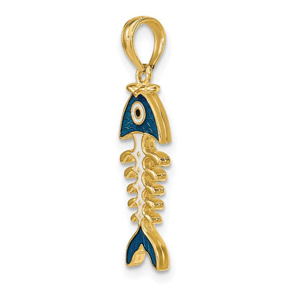 14K Gelbgold 3D-Anhänger Fischgräte mit blauer Emaille