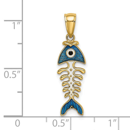 14K Gelbgold 3D-Anhänger Fischgräte mit blauer Emaille