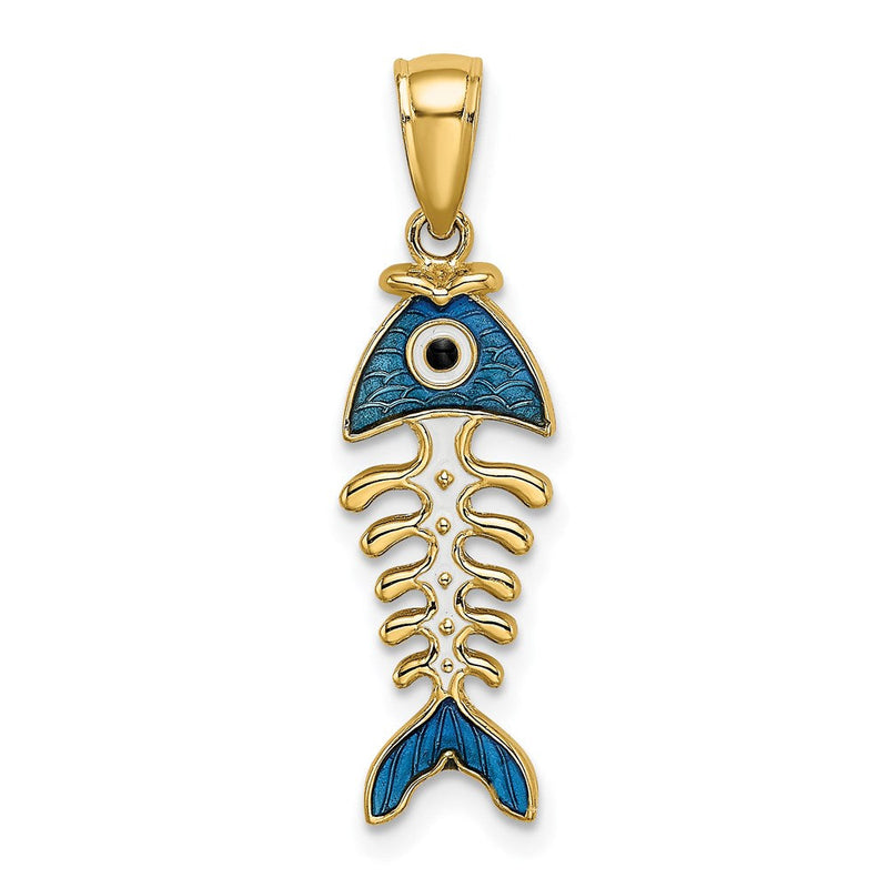 14K Gelbgold 3D-Anhänger Fischgräte mit blauer Emaille