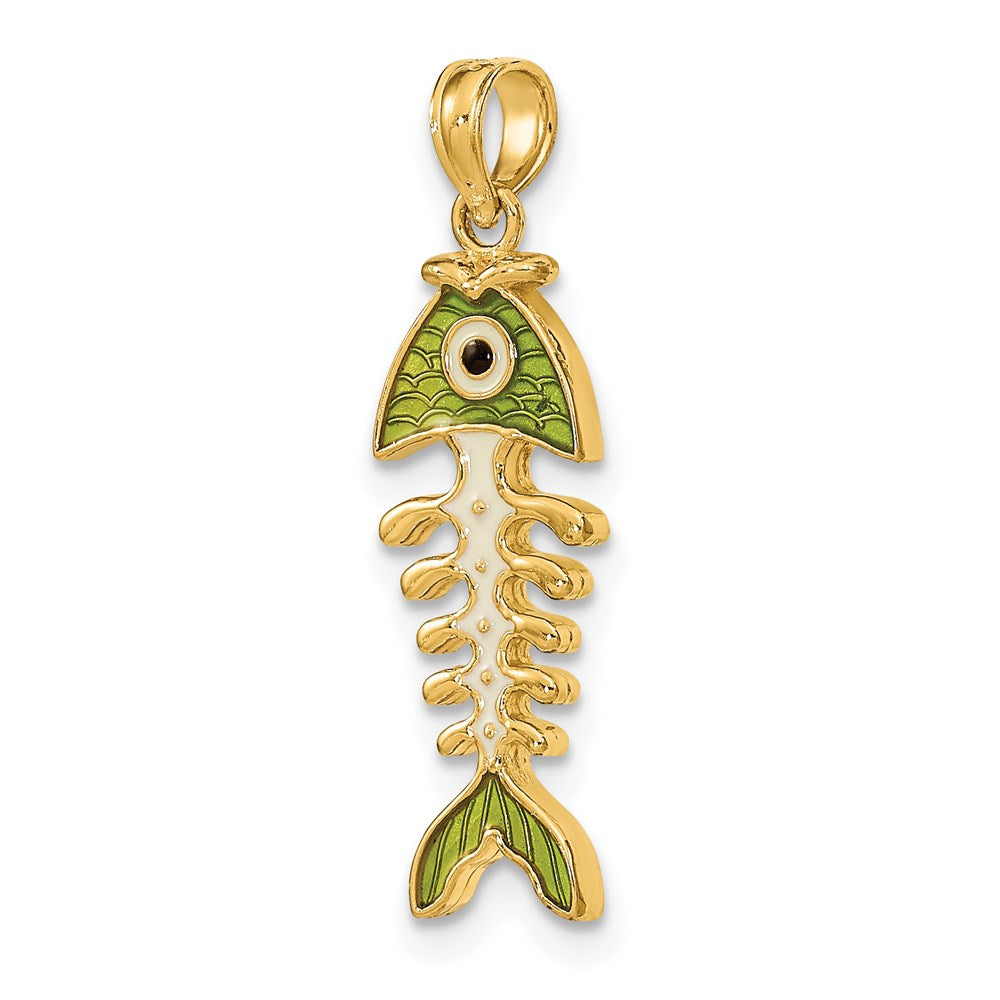14K Gelbgold 3D-Charm Fischgräte mit grüner Emaille
