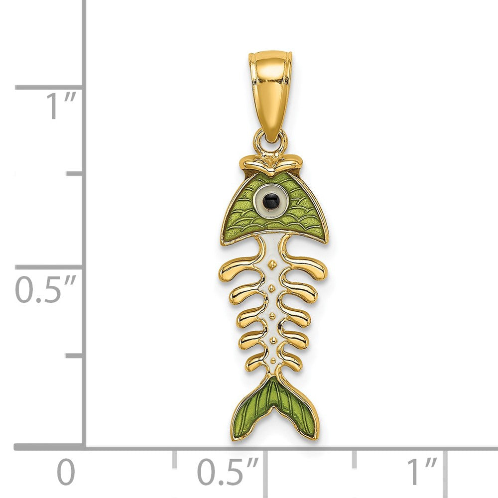 14K Gelbgold 3D-Charm Fischgräte mit grüner Emaille