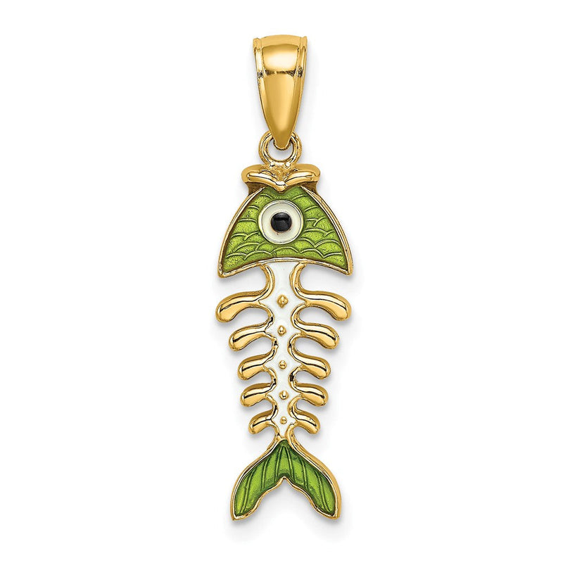 14K Gelbgold 3D-Charm Fischgräte mit grüner Emaille
