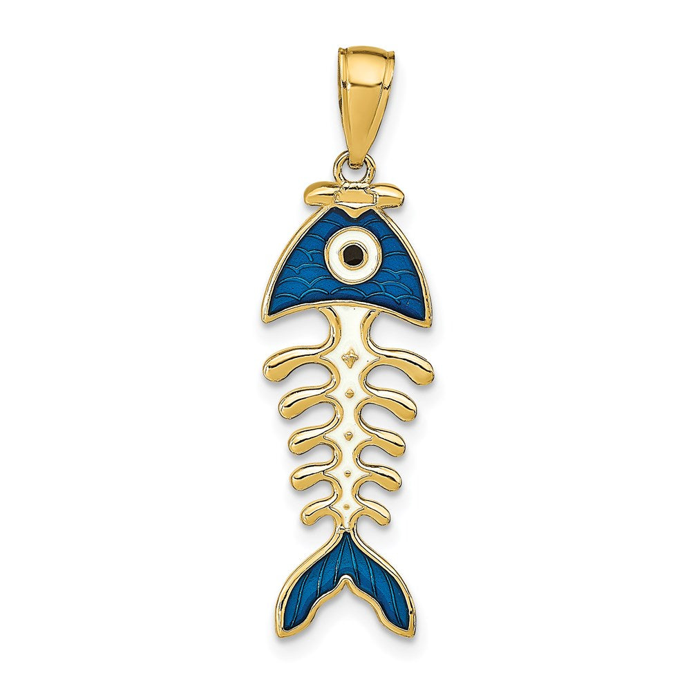 14K Gelbgold 3D-Anhänger Fischgräte mit blauem Emaille