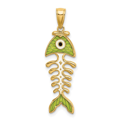 14K Gelbgold 3D-Anhänger Fischgräte mit grüner Emaille