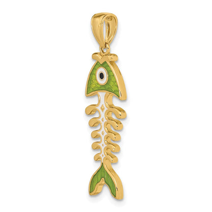 14K Gelbgold 3D-Anhänger Fischgräte mit grüner Emaille