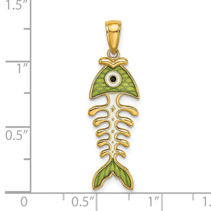 14K Gelbgold 3D-Anhänger Fischgräte mit grüner Emaille