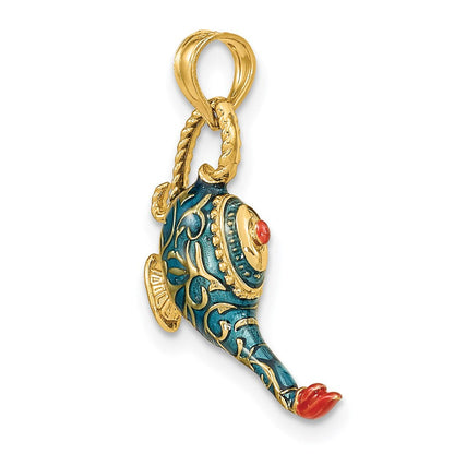 14K Gelbgold mit Emaille, 3D-strukturierter blauer Wunderlampen-Charm