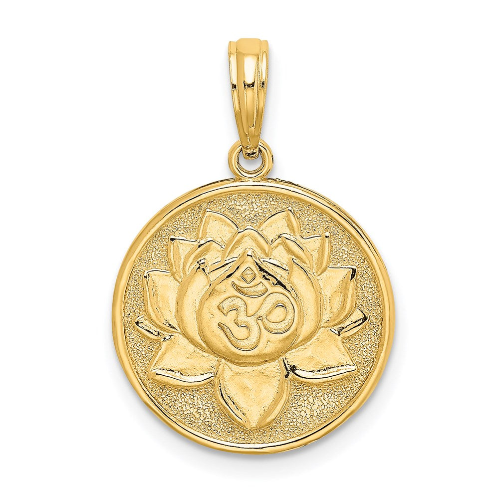 14K Gelbgold Charm mit Om-Symbol, emailliert, mit Lotusblume auf der Rückseite