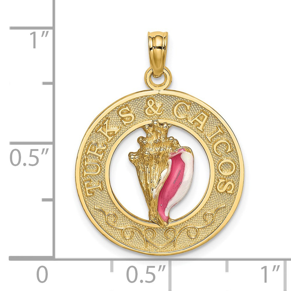 14 Karat Gelbgold emaillierter TURKS AND CAICOS Charm mit Muschelschale im Kreis