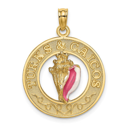 14 Karat Gelbgold emaillierter TURKS AND CAICOS Charm mit Muschelschale im Kreis