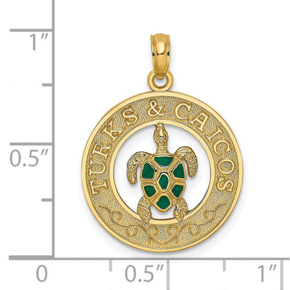 14K Gelbgold Charm "TURKS AND CAICOS" mit Schildkröte im Kreis, emailliert