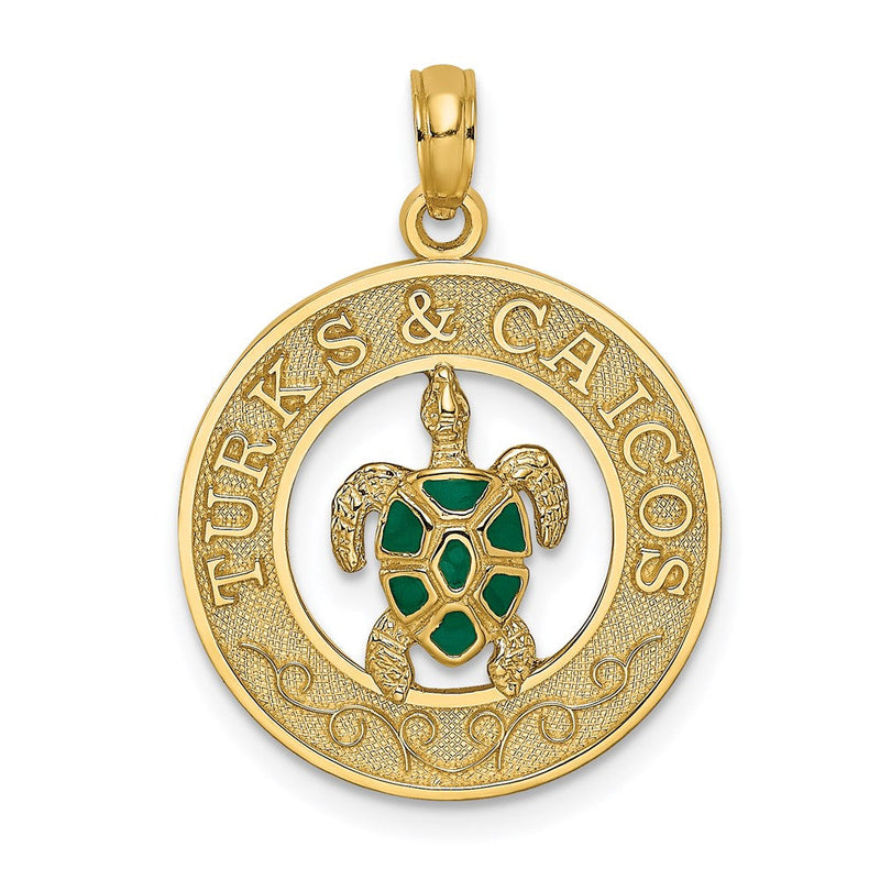14K Gelbgold Charm "TURKS AND CAICOS" mit Schildkröte im Kreis, emailliert