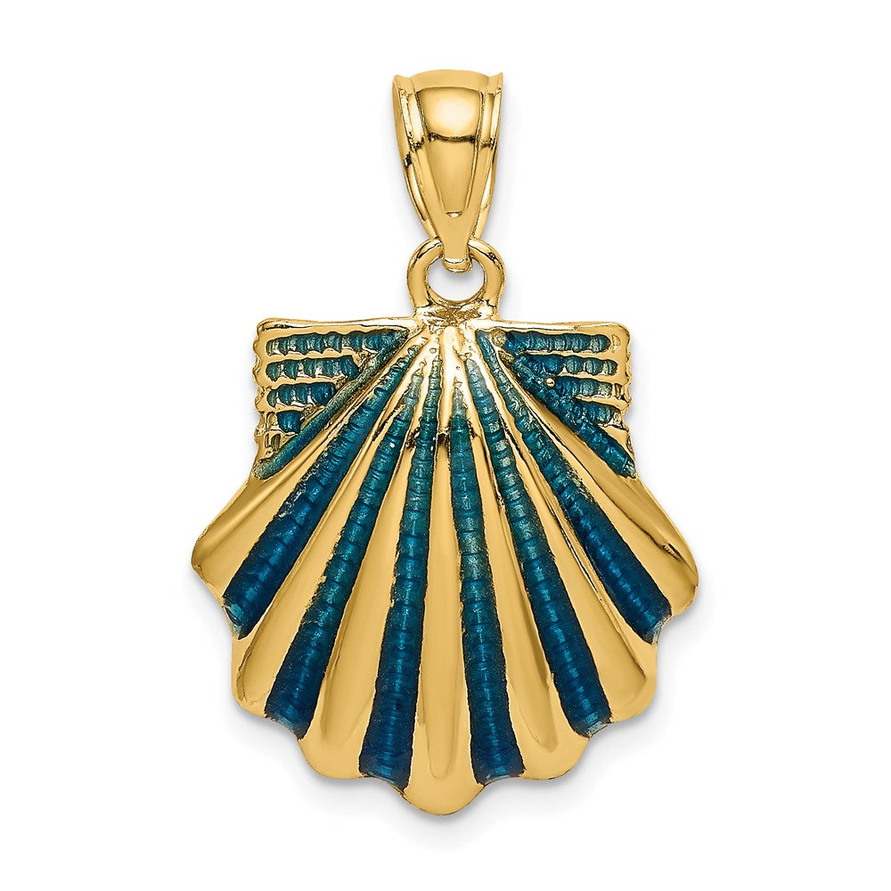 14K Gelbgold Charm mit blauem Emaille-Muscheldesign (Jakobsmuschel)