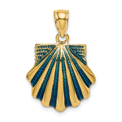 14K Gelbgold Charm mit blauem Emaille-Muscheldesign (Jakobsmuschel)