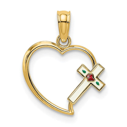 14K Gelbgold Emaille Kreuz und Herz Charm