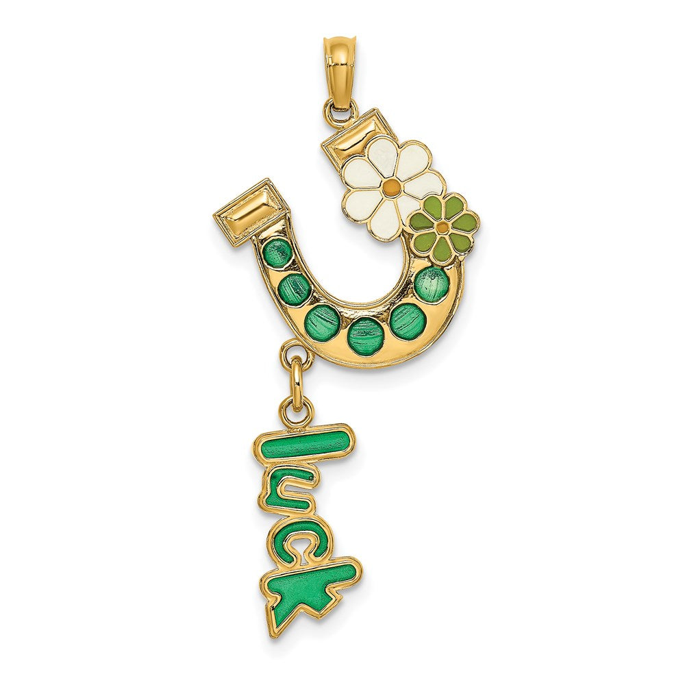 14K Gelbgold Charm Hufeisen emailliert mit „LUCK" und Blumen