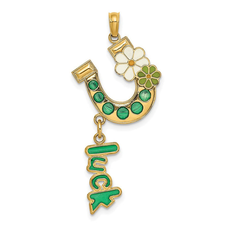 14K Gelbgold Charm Hufeisen emailliert mit „LUCK" und Blumen
