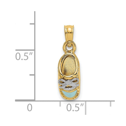 14K Gelb- und Rhodiumgold mit Weißrhodium, 3-D hellblau emaillierter Baby-Schuh-Charm