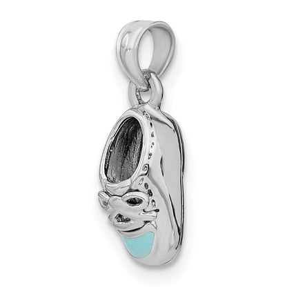 14k Weißgold 3-D Charm „Babyschuh" mit hellblauem Emaille