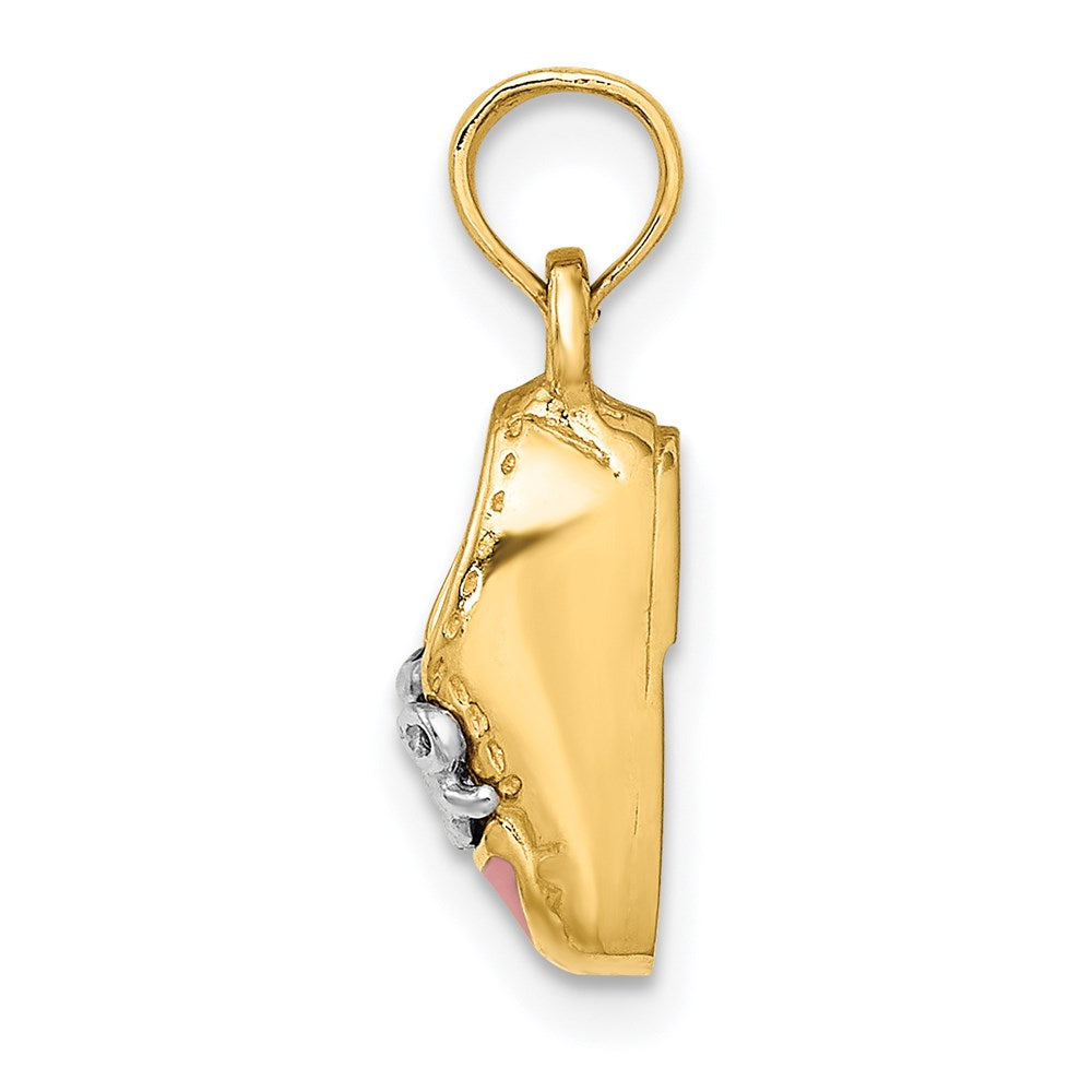 14K Gelbgold und Rhodium mit 3D-Rosa-Emaille-Baby-Schuh-Charm