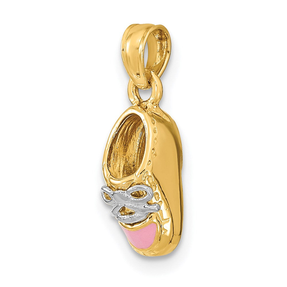 14K Gelbgold und Rhodium mit 3D-Rosa-Emaille-Baby-Schuh-Charm