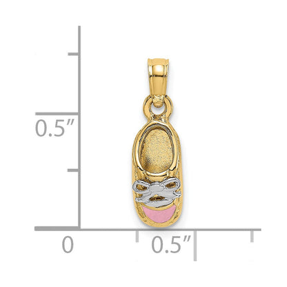 14K Gelbgold und Rhodium mit 3D-Rosa-Emaille-Baby-Schuh-Charm