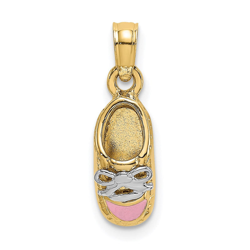 14K Gelbgold und Rhodium mit 3D-Rosa-Emaille-Baby-Schuh-Charm