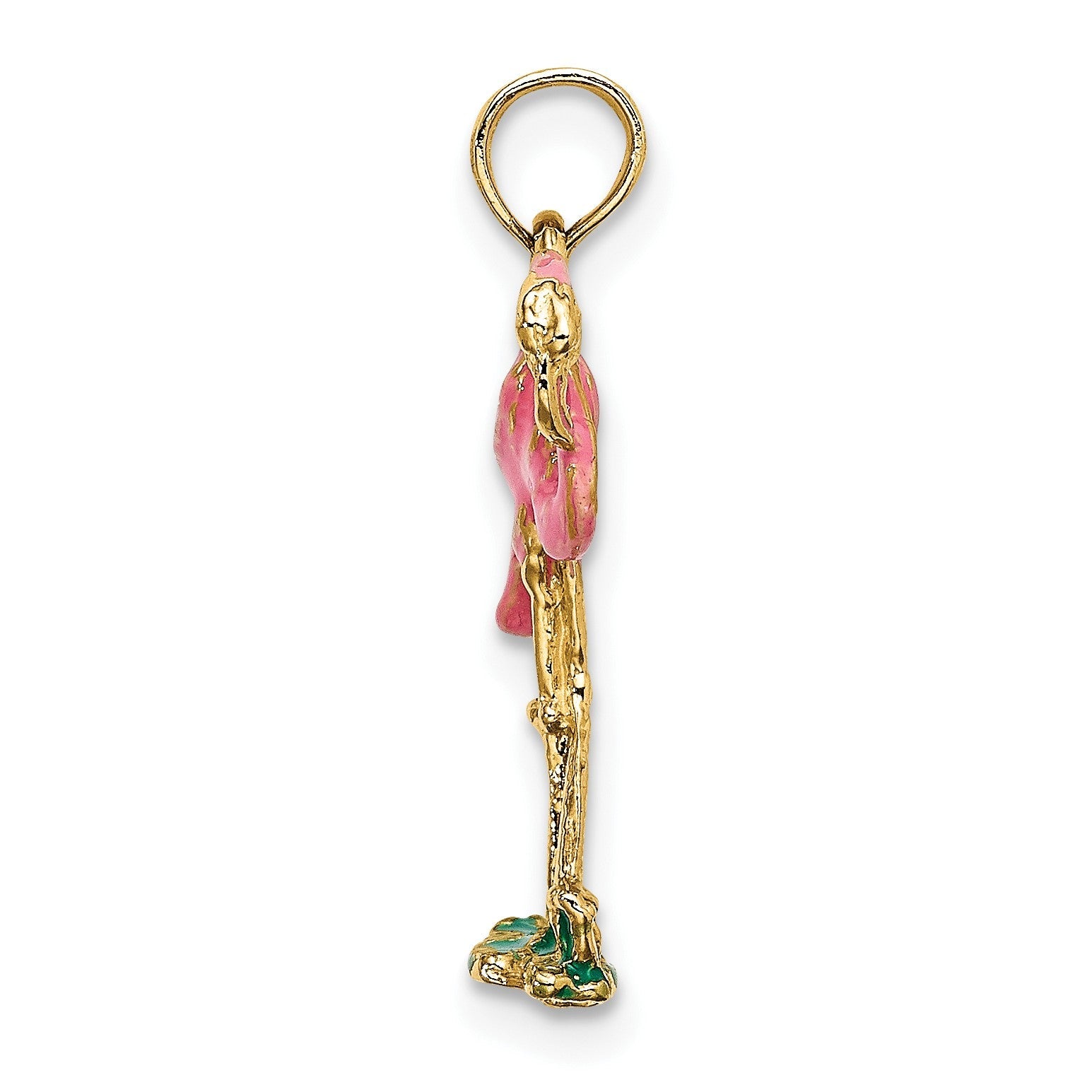 14K Gelbgold 3-d Rosa Emaille Flamingo Charm