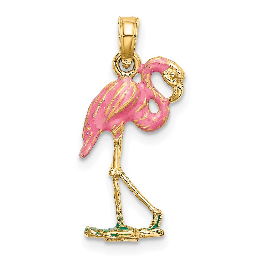 14K Gelbgold 3-d Rosa Emaille Flamingo Charm