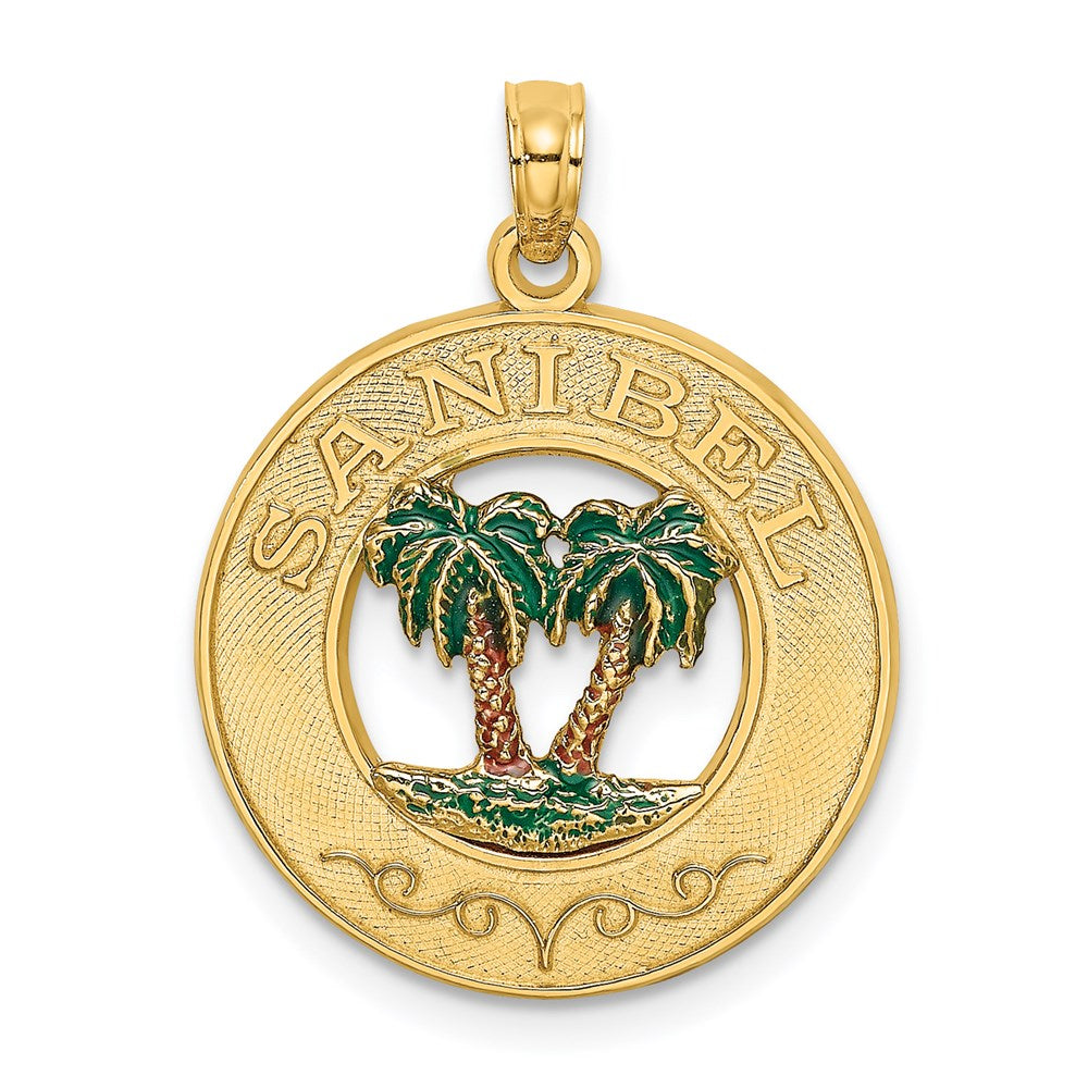 14K Gelbgold SANIBEL Kreis-Charm mit emailliertem Palmenbaum