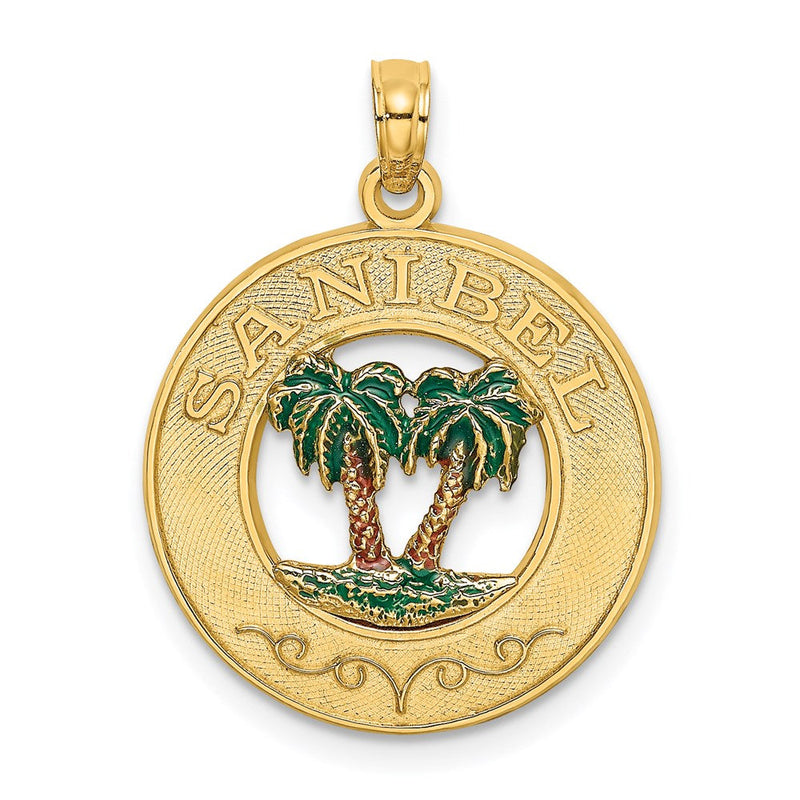 14K Gelbgold SANIBEL Kreis-Charm mit emailliertem Palmenbaum