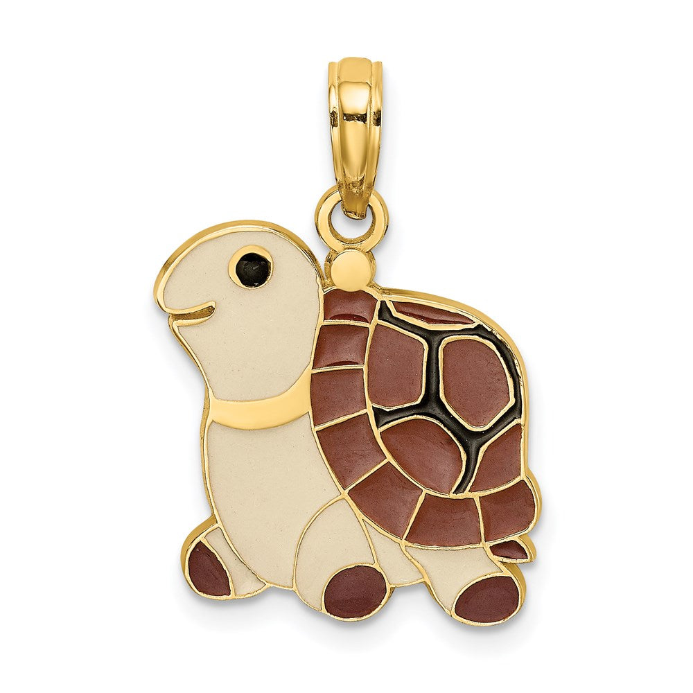 14K Gelbgold Charm Schildkröte mit brauner, beige-farbener und schwarzer Emaille