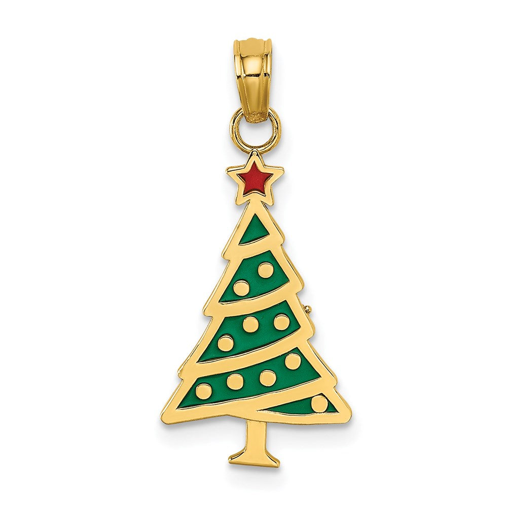 14K Gelbgold Emaille Grün Weihnachten Baum mit Rot Stern Charm