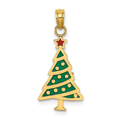 14K Gelbgold Emaille Grün Weihnachten Baum mit Rot Stern Charm