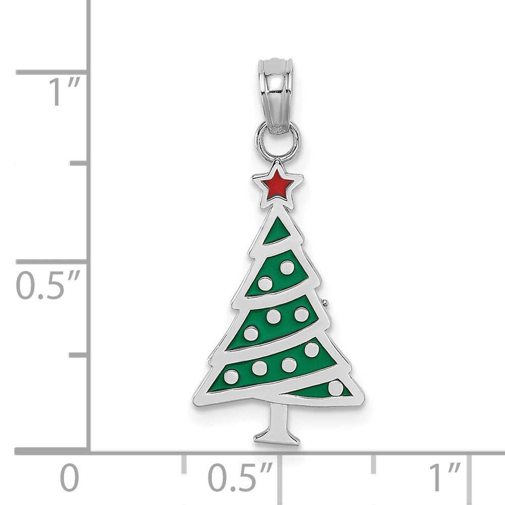 14K Weißgold Emaille Grün Weihnachten Baum mit Rot Stern Charm