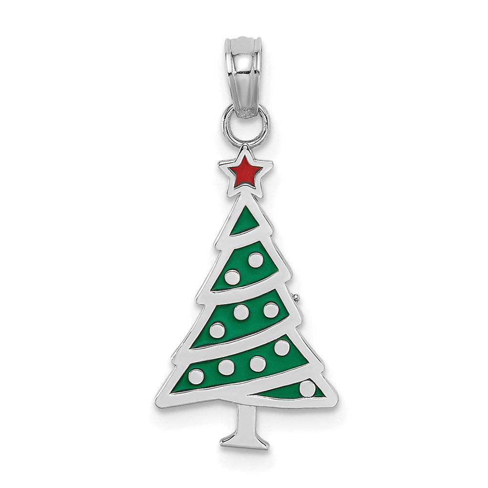 14K Weißgold Emaille Grün Weihnachten Baum mit Rot Stern Charm