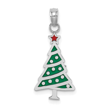 14K Weißgold Emaille Grün Weihnachten Baum mit Rot Stern Charm