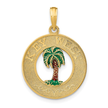 14 Karat Gelbgold "KEY WEST" emaillierter Palmenbaum-Kreis-Charm
