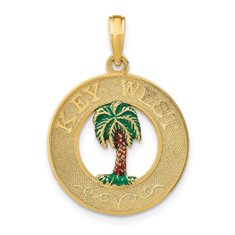 14 Karat Gelbgold "KEY WEST" emaillierter Palmenbaum-Kreis-Charm