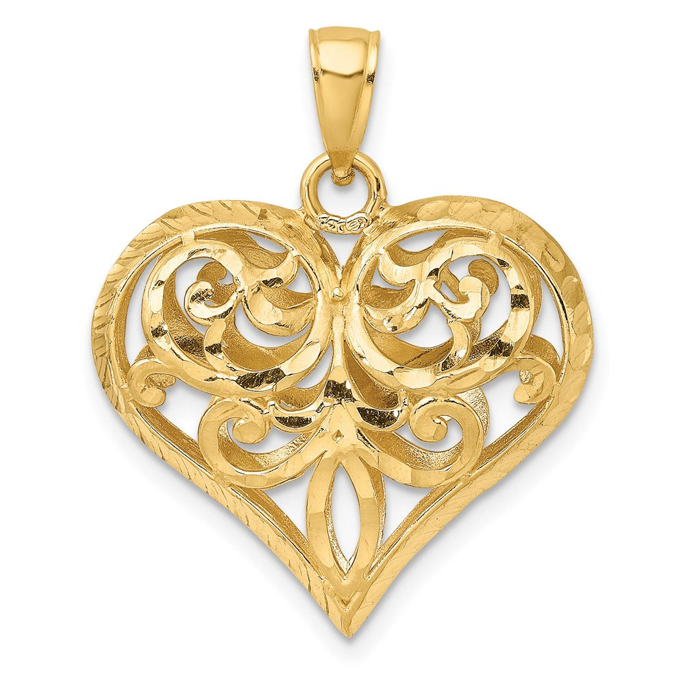 14K Gelbgold 3-D diamantgeschliffener filigraner gepolsterter Herz-Charm