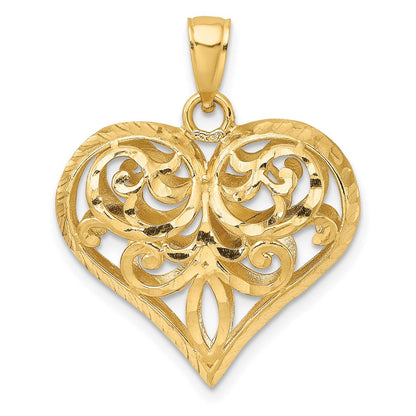 14K Gelbgold 3-D diamantgeschliffener filigraner gepolsterter Herz-Charm