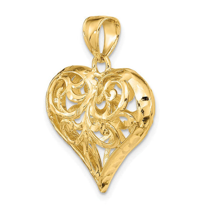 14K Gelbgold 3-D diamantgeschliffener filigraner gepolsterter Herz-Charm