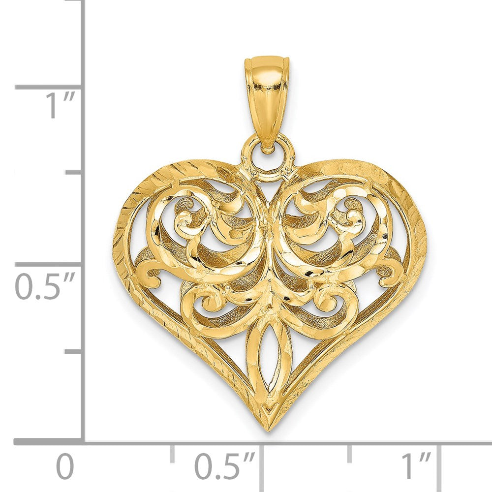 14K Gelbgold 3-D diamantgeschliffener filigraner gepolsterter Herz-Charm