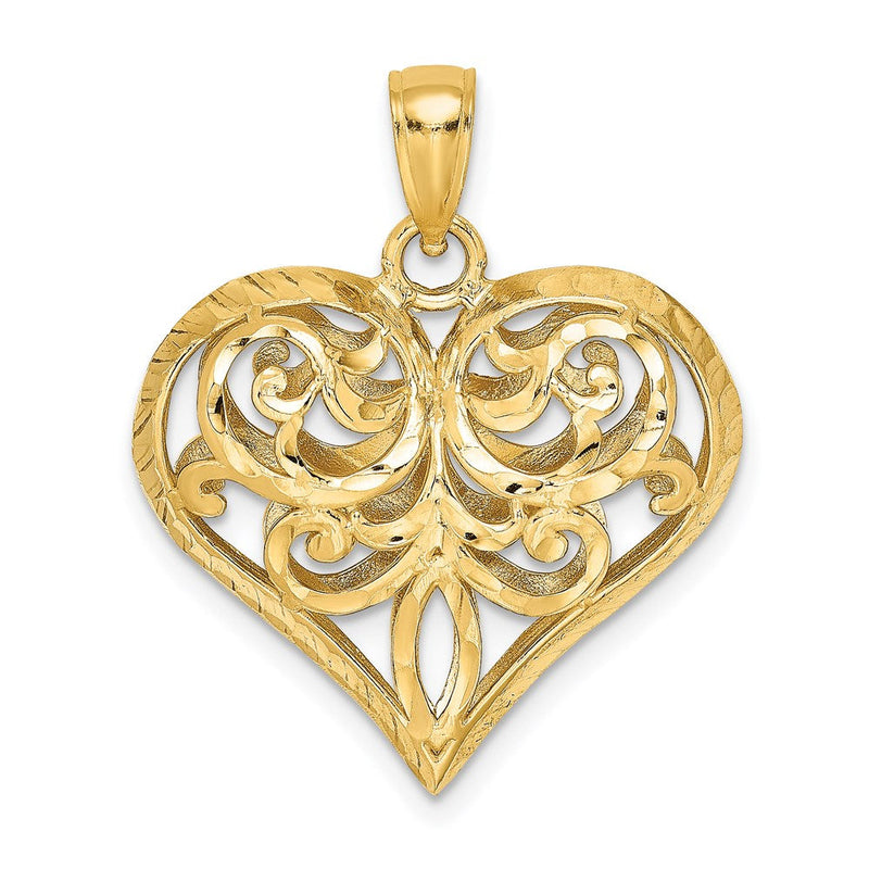 14K Gelbgold 3-D diamantgeschliffener filigraner gepolsterter Herz-Charm