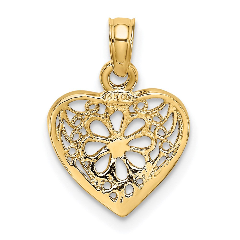 14K Gelbgold 2-d Filigran Herz mit Blume Design Charm
