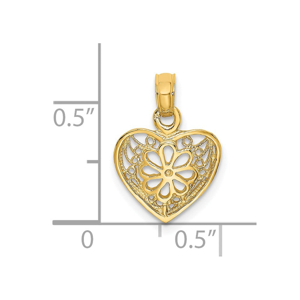 14K Gelbgold 2-d Filigran Herz mit Blume Design Charm